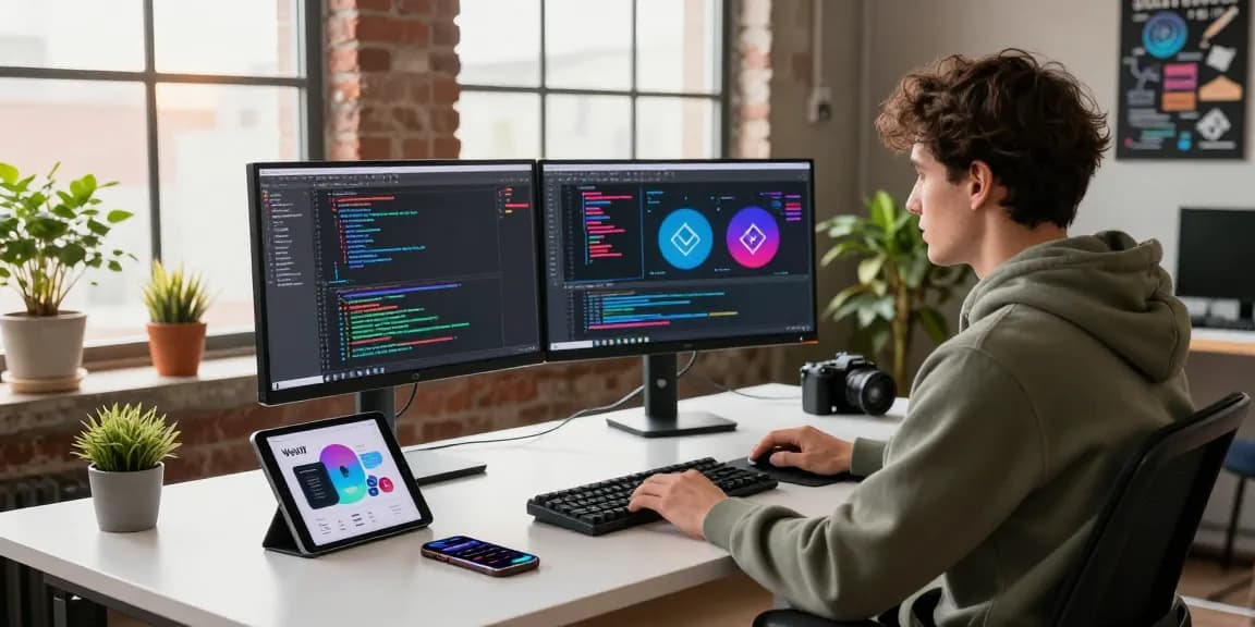 Web3 developer coding in a modern workspace with dual monitors showcasing interactive blockchain diagrams and tech gadgets.