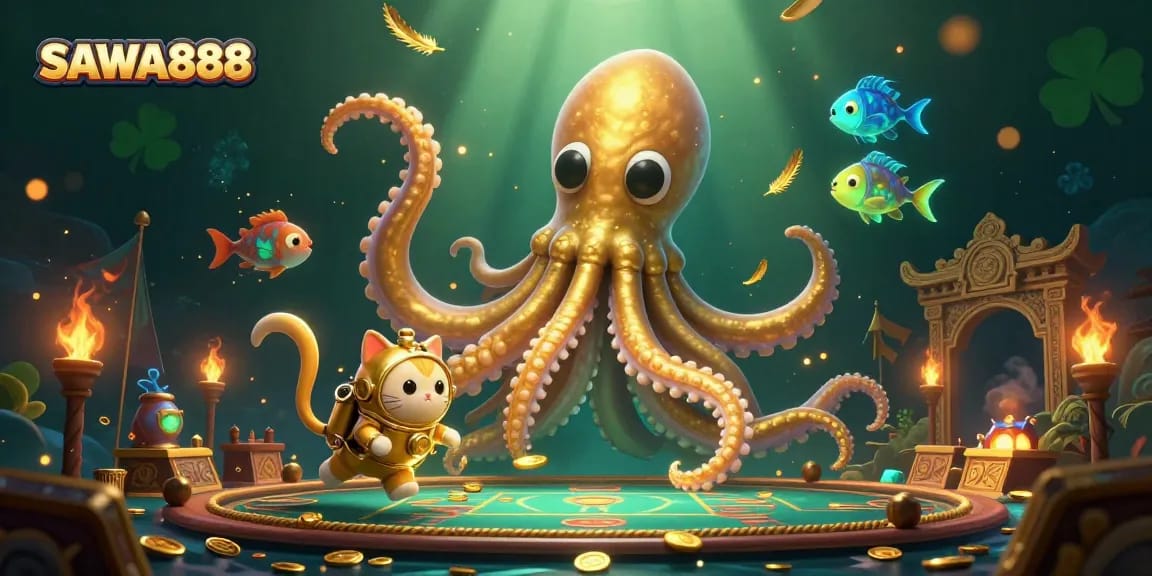 Experience the excitement of SAWA888 with a colossal kraken and diving cat in a vibrant, treasure-filled underwater scene.