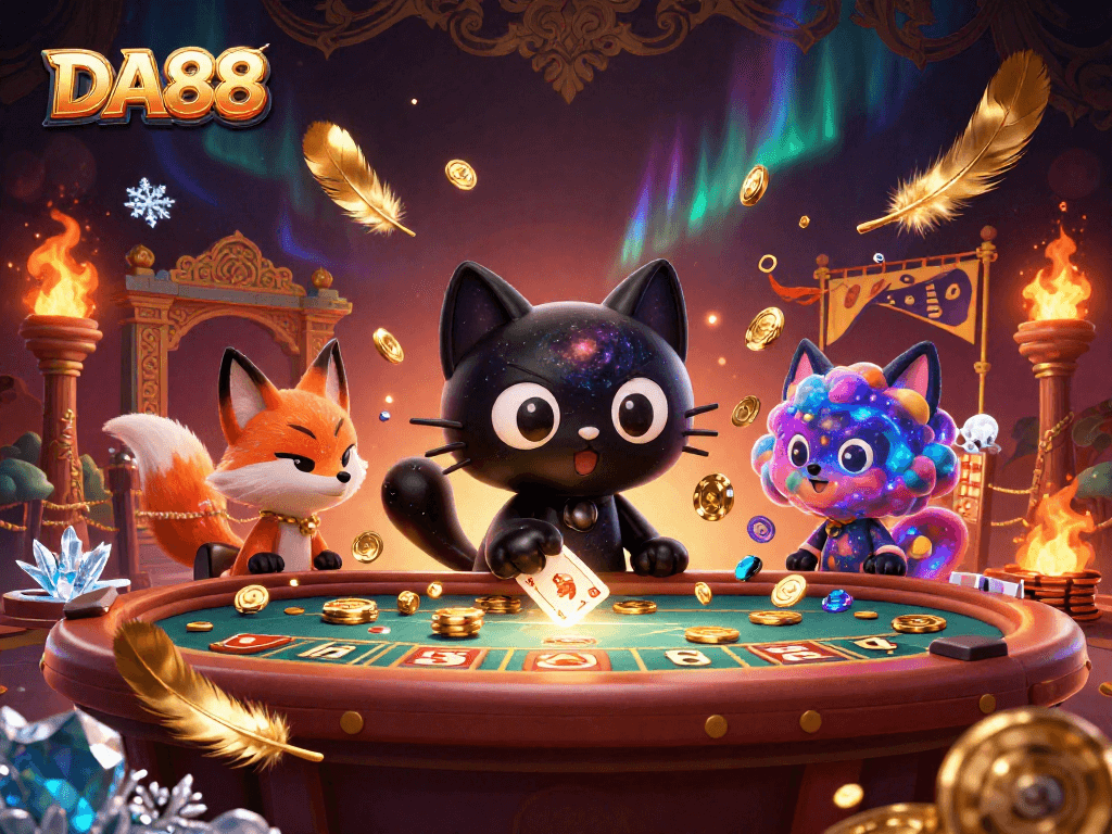 DA88 immerses players in a cosmic casino adventure with swirling golden chips and vibrant characters.