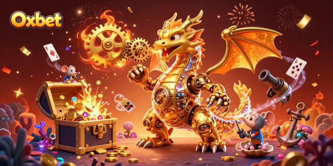 Engage with Oxbet's exciting offerings through vibrant 3D dragon and treasure-filled casino scene.