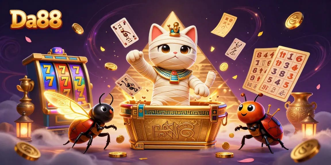 Experience thrilling wins at Da88 with a 3D Egyptian mummy cat in a dynamic casino scene.