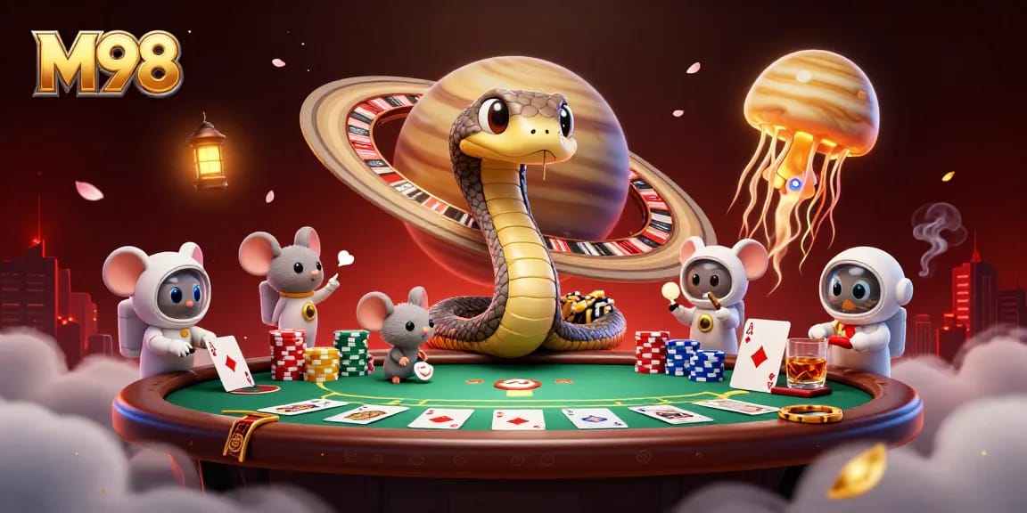 M98 showcases a vibrant cosmic casino scene with a Saturn ring snake, astronaut mice, and golden jellyfish dealer