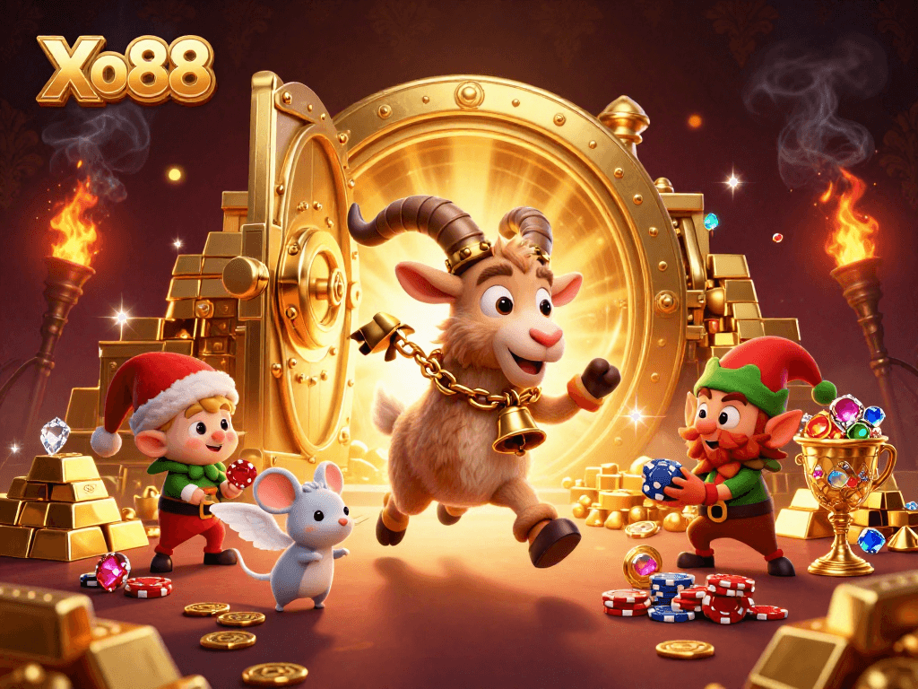 Xo88 players enjoy gaming action amidst a festive casino filled with treasures and excitement.