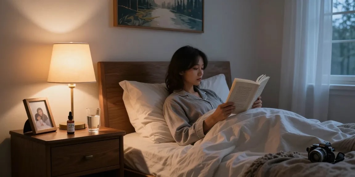 View product CBN Sleep Oil alongside a cozy bedroom scene promoting relaxation for better sleep.