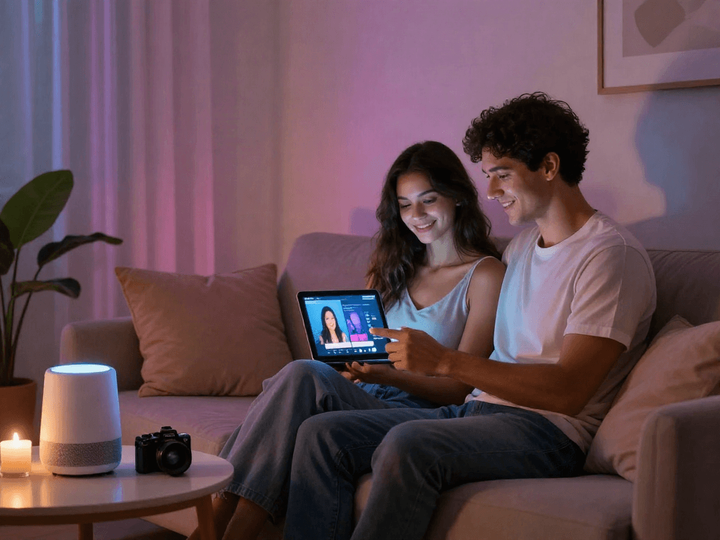 Couple enjoying ai sex experience on tablet in cozy setting, intimate atmosphere.