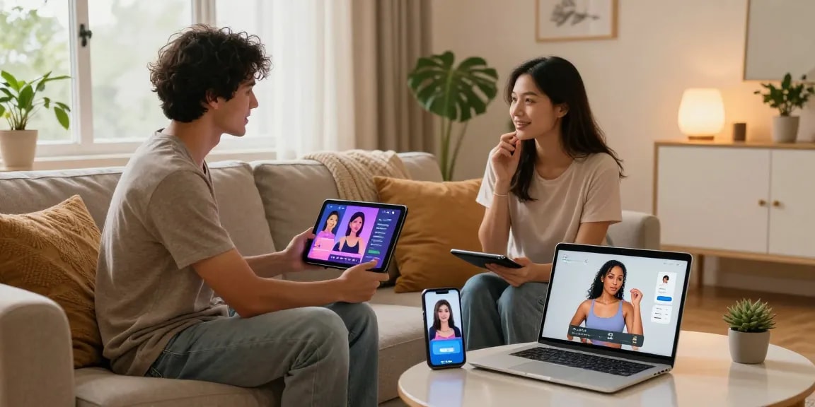 Couple engaging with AI sex technology for modern intimacy solutions.