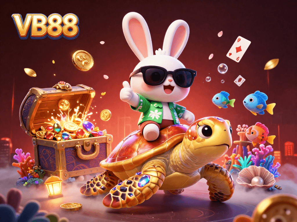 Engaging illustration of VB88 with a lucky rabbit and sea turtle amidst casino elements, illustrating winning opportunities.