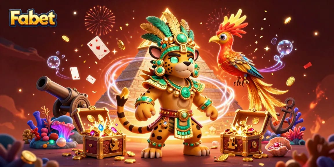 Spin to win at Fabet with vibrant casino-themed characters and rich treasures!