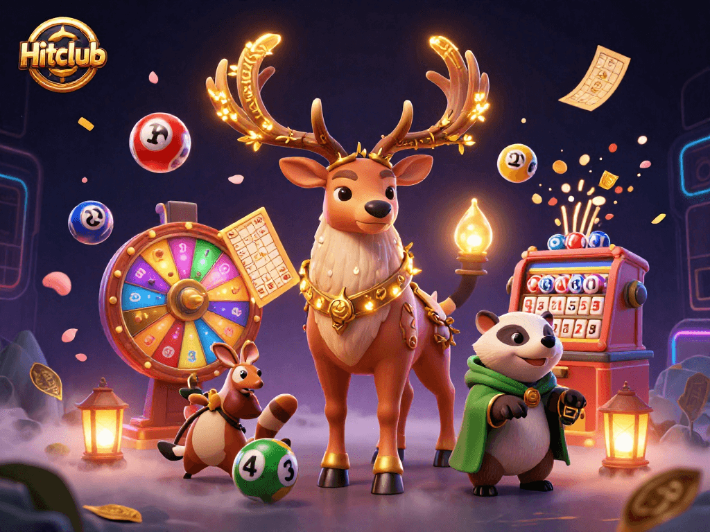 Hitclub showcases dynamic gambling elements with a vibrant 3D illustration of lucky characters and casino games.