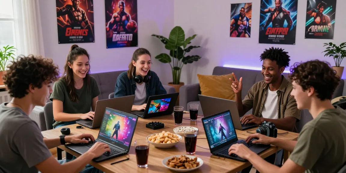 Engaging scene of gamers enjoying porngames in a cozy living room with lively interactions.