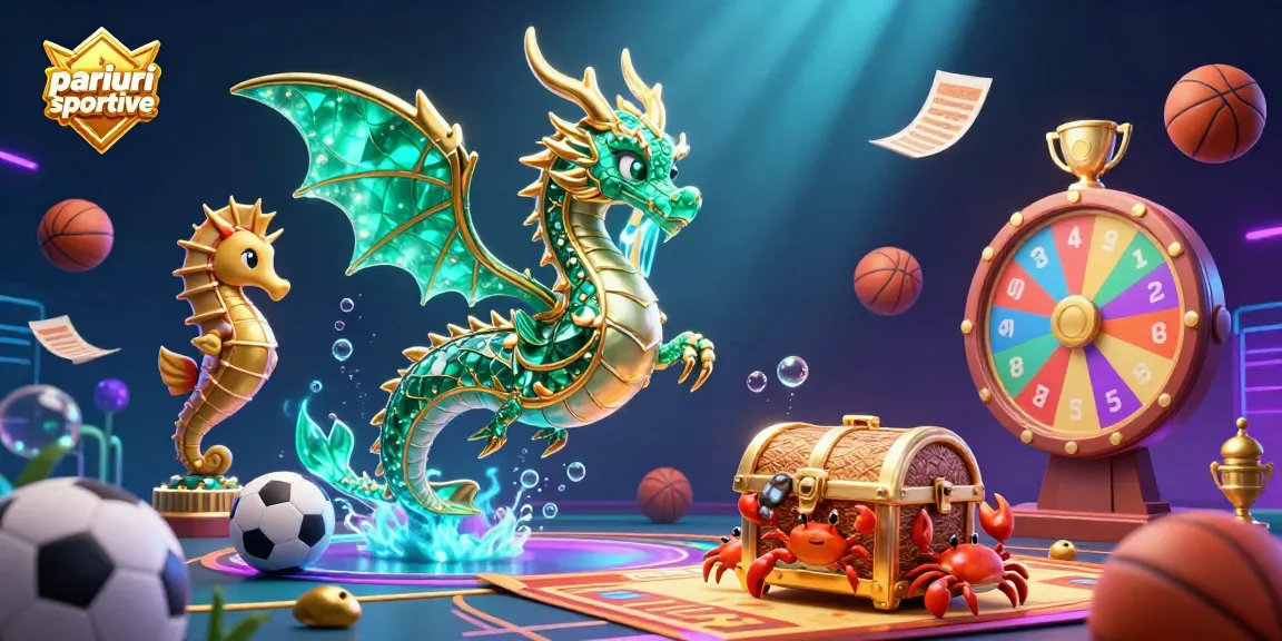 Pariuri sportive cu dragonul mării și trofee strălucitoare într-o ilustrație dinamică.