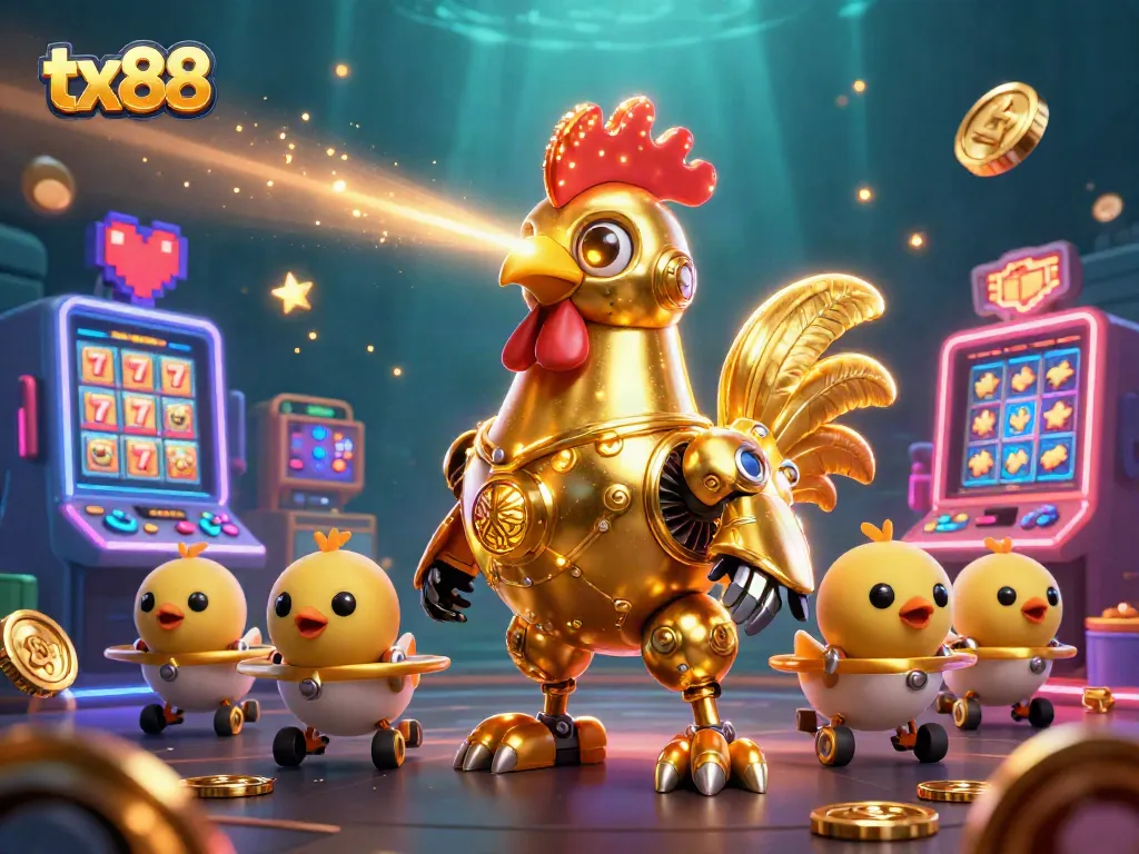 Engage with tx88's thrilling casino experience featuring a golden rooster robot and baby chick drones.