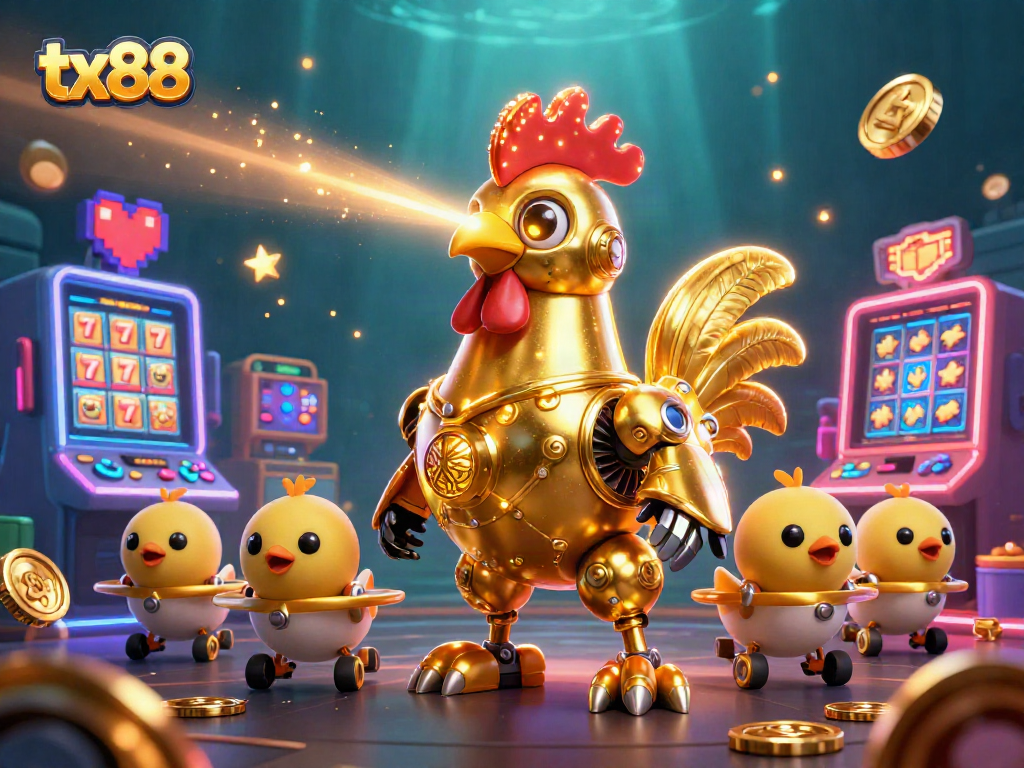 Engage with tx88's thrilling casino experience featuring a golden rooster robot and baby chick drones.