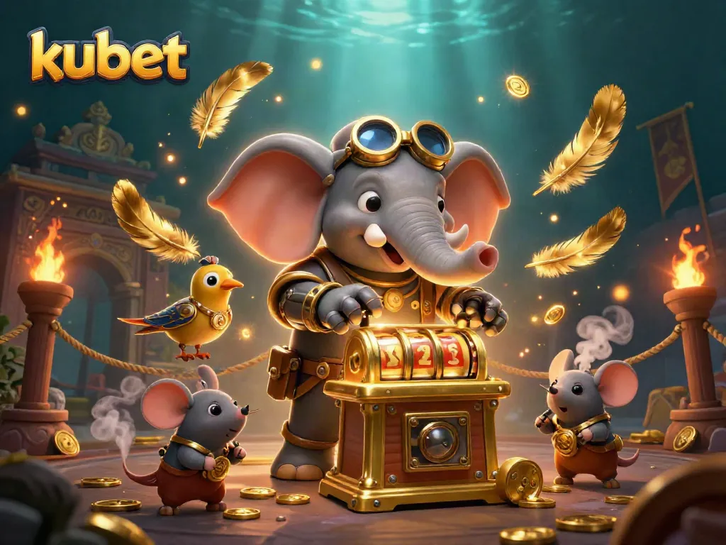 Experience thrilling gameplay at kubet with a detailed cartoon 3D illustration of a steampunk elephant engineer at a slot machine.