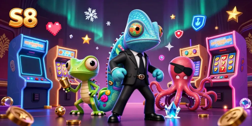 Experience the dynamic S8 gaming world with vibrant characters and exciting slot elements in this action-packed scene.