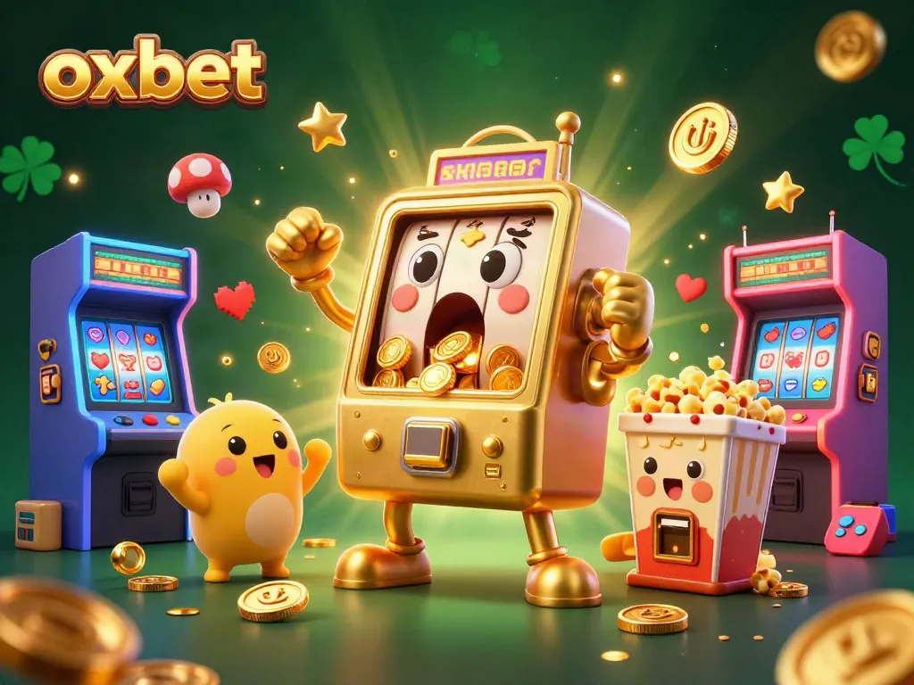 Experience jackpot thrills with oxbet in this vibrant 3D casino scene featuring cheerful slot machines and gaming elements.