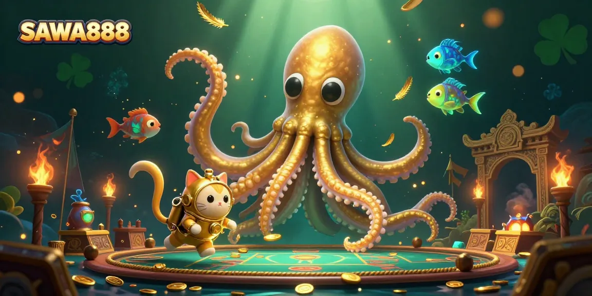 Experience the excitement of SAWA888 with a colossal kraken and diving cat in a vibrant, treasure-filled underwater scene.