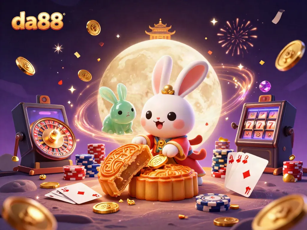da88 offers a magical casino experience with a playful moon rabbit pounding mooncakes revealing poker chips inside.