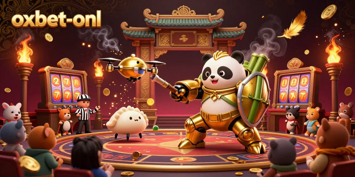 Engage with vivid action at oxbet-onl featuring a golden panda in a casino showdown, with dynamic game elements.