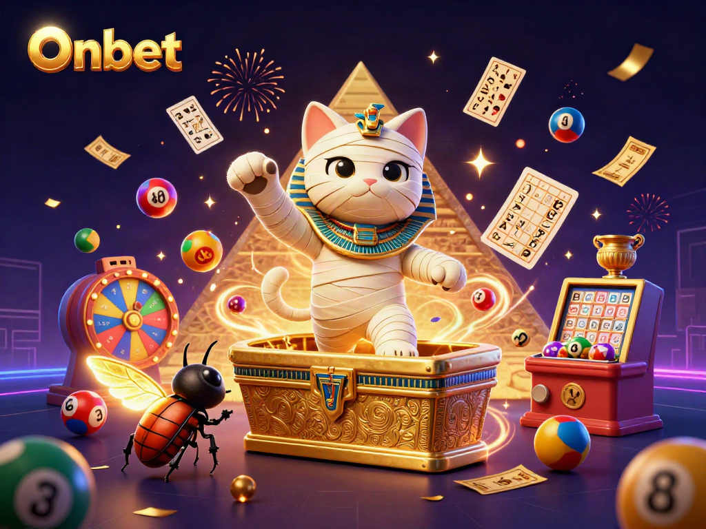 Onbet showcases a vibrant casino scene with an Egyptian mummy cat, lottery elements, and festive confetti.