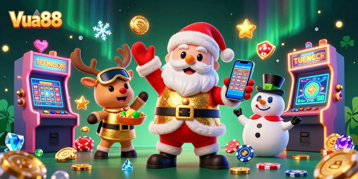 Experience jackpot excitement at Vua88 with Santa, his reindeer, and a snowman in a vibrant casino scene.