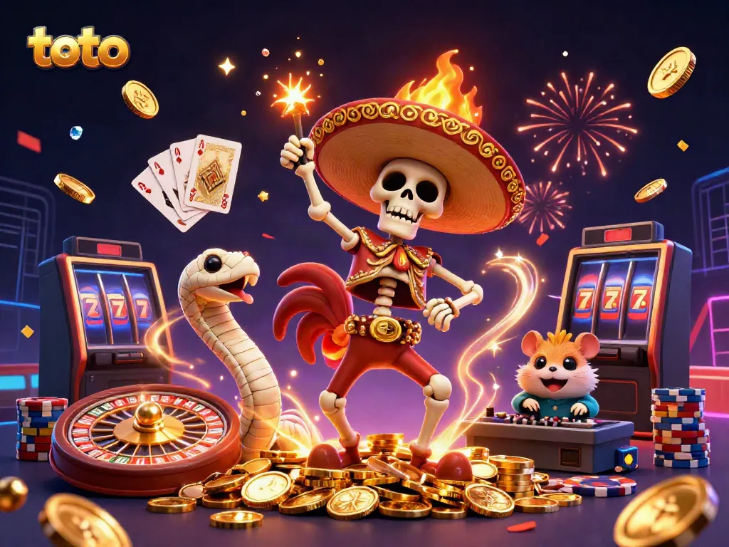 Engaging scene showcasing toto with a skeleton rooster dancing on coins, surrounded by colorful casino elements.