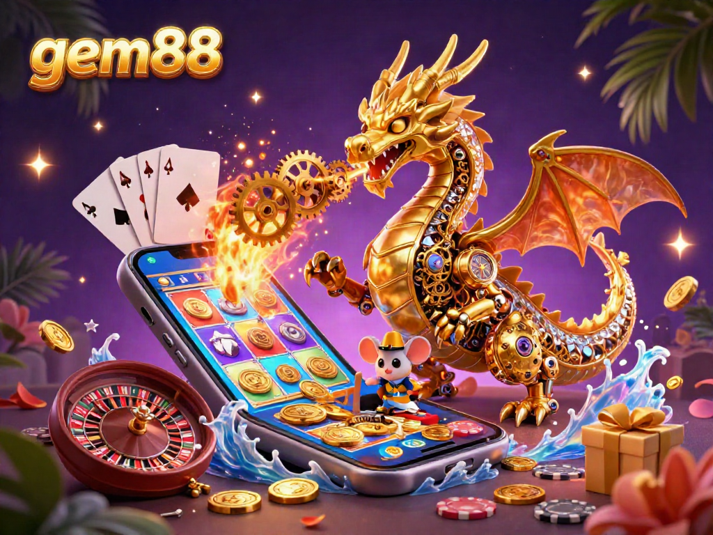 gem88 provides an exciting casino experience with a 3D golden dragon, slot games, and vibrant elements.
