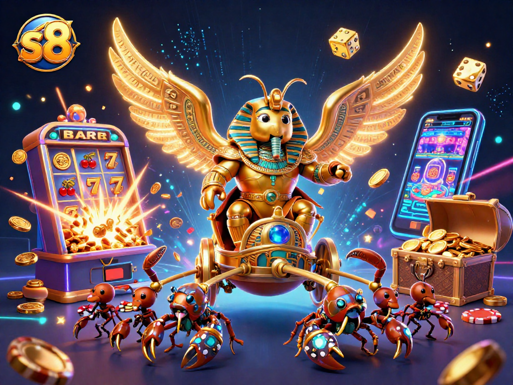 Engage in festive gameplay at s8 with a vibrant scene showcasing a golden beetle and a jackpot explosion!