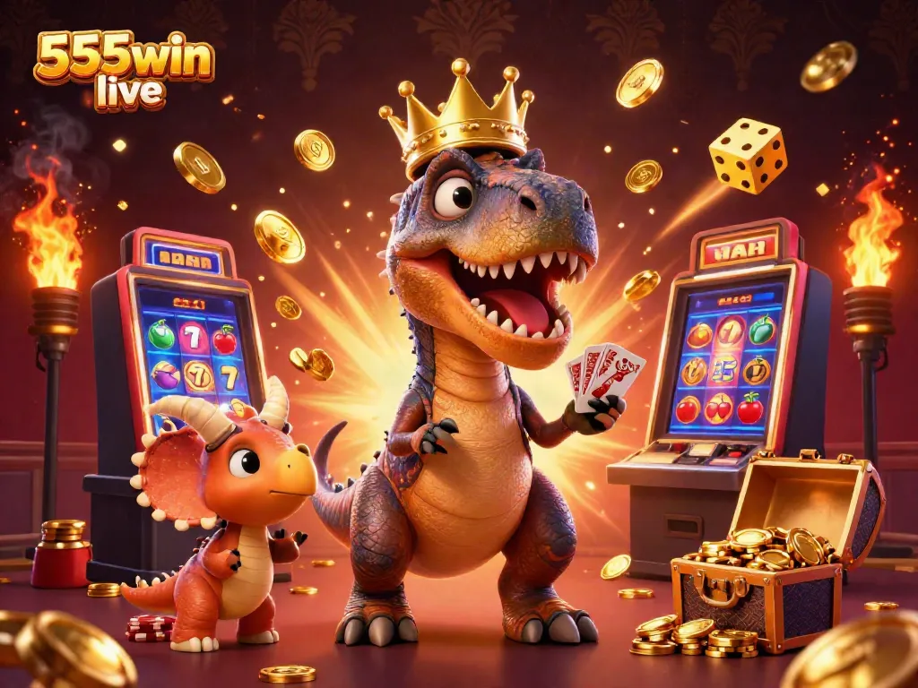 Experience the excitement of 555win live with a cartoon T-Rex and friends amid slot machines and golden chips.