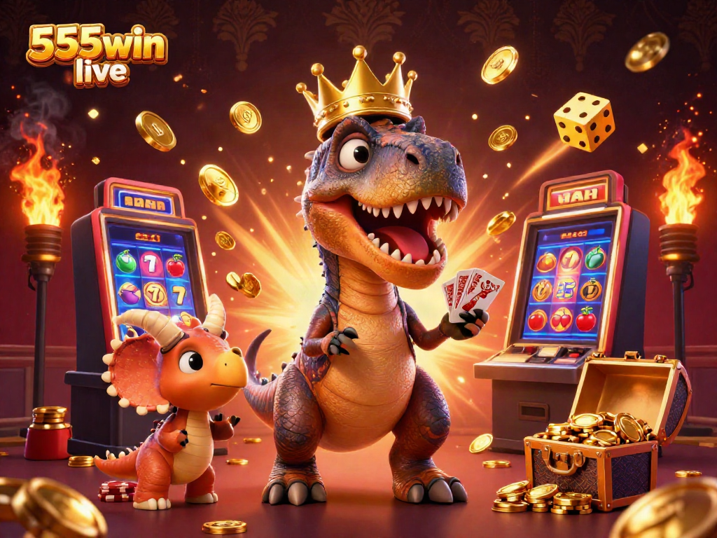 Experience the excitement of 555win live with a cartoon T-Rex and friends amid slot machines and golden chips.