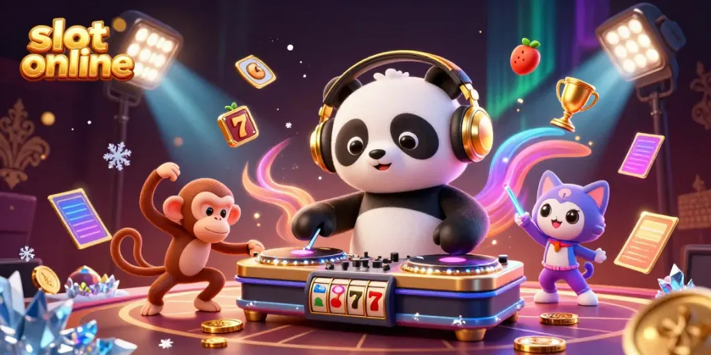 Spin and win with vibrant slot online action featuring a DJ panda, dancing monkey, and glowing kitten.