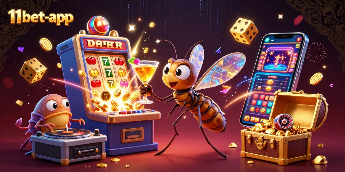Experience the excitement of 11bet-app with a vibrant casino illustration showcasing unique characters and thrilling games.