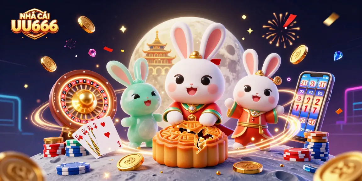 Play at NHÀ CÁI UU666 and experience thrilling casino excitement with golden poker chips and festive elements.