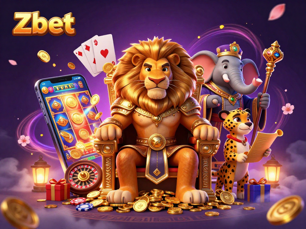 Experience Zbet with this vibrant illustration of casino royalty amidst games and excitement.