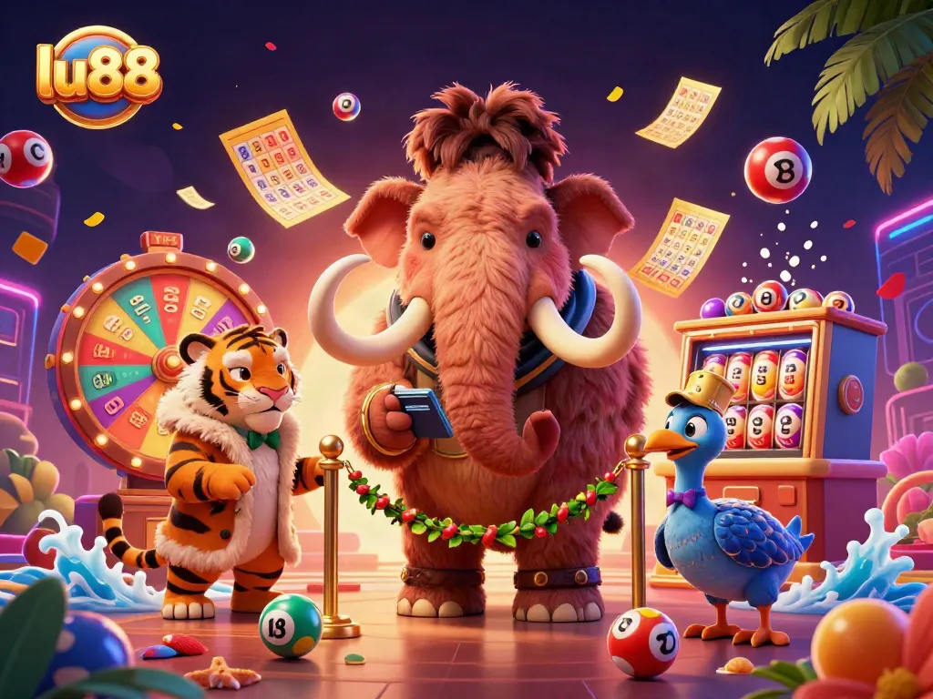 lu88 bouncer checks IDs in a vibrant casino scene with colorful games and party atmosphere