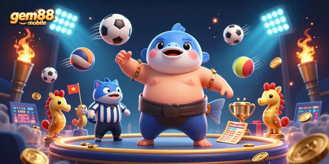Experience thrilling gameplay at gem88-mobile with a vibrant underwater scene of a fugu blowfish, sports balls, and cheering spectators.