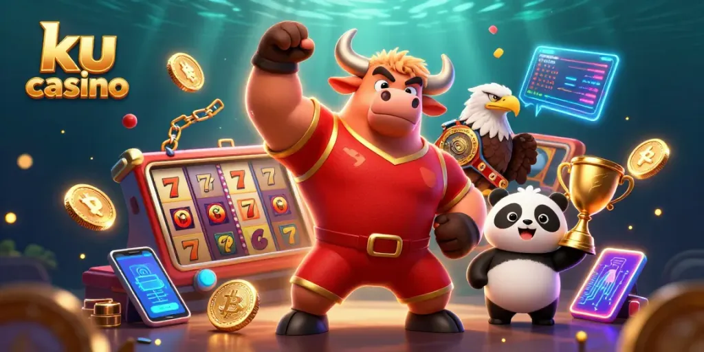 Join the excitement at ku casino showcasing a dynamic scene of winning mascots and vibrant gaming elements.