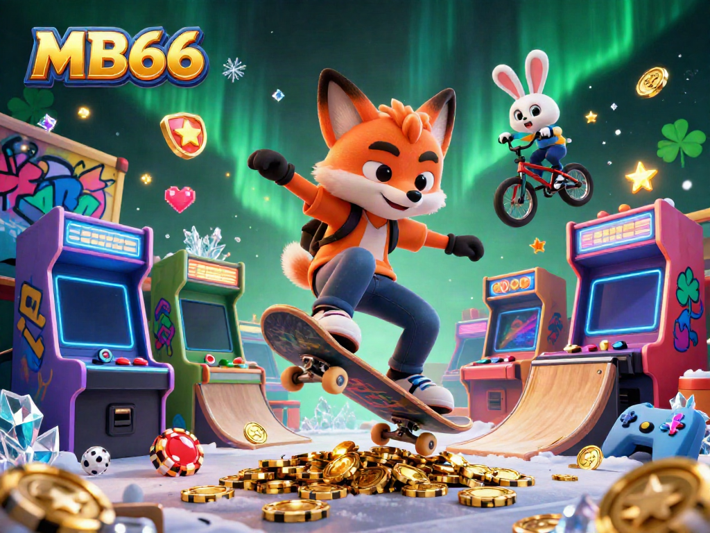 Watch the MB66 cartoon fox and rabbit skateboarding in a vibrant casino-themed 3D illustration.
