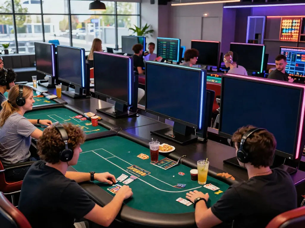 Dynamic entertainment scene at http://gem88-mobile.com showing gamers engaged in poker and slots in vibrant gaming hall.