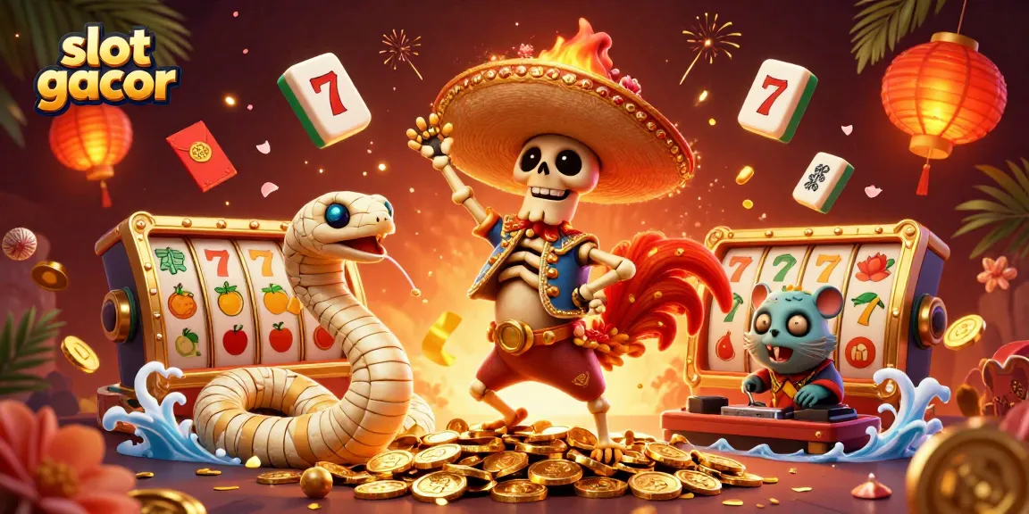 Experience slot gacor excitement with a dynamic 3D scene of festive gambling characters.