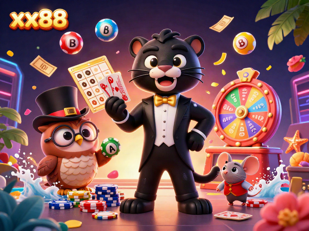 Engaging scene of xx88 featuring a panther dealer, an owl with poker chips, and a lucky mouse among vibrant casino elements.