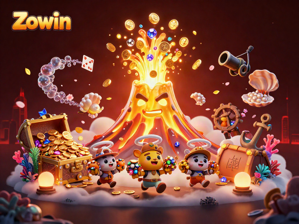 Zowin volcano erupting with gold and gems, tiny explorers collecting treasures in a vibrant casino fantasy.