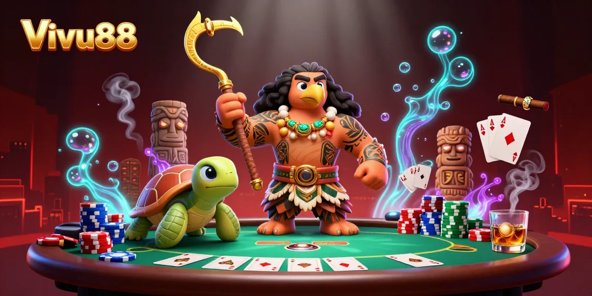 Vivu88 offers thrilling poker gameplay with a vibrant Polynesian demigod and turtle sidekick.