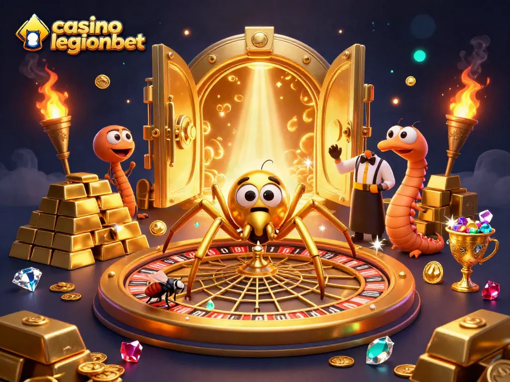 Engage in thrilling gameplay at casino legionbet with a vibrant 3D illustration featuring golden treasures and casino elements.
