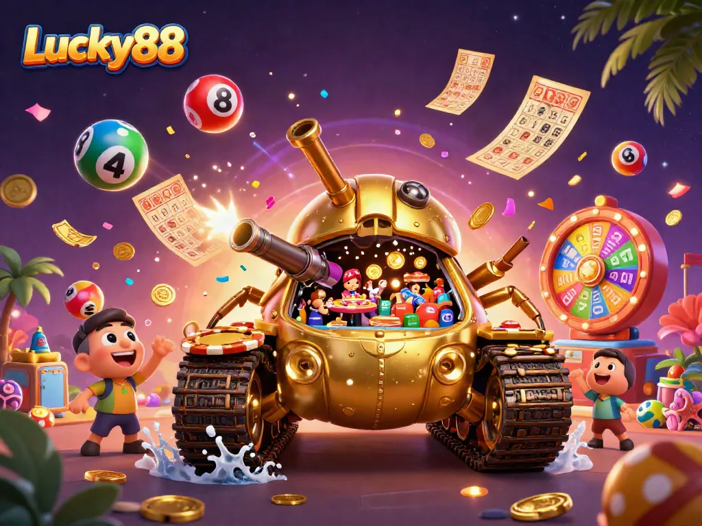 Engage with Lucky88 as a golden beetle tank bursts open to reveal a vibrant miniature casino.