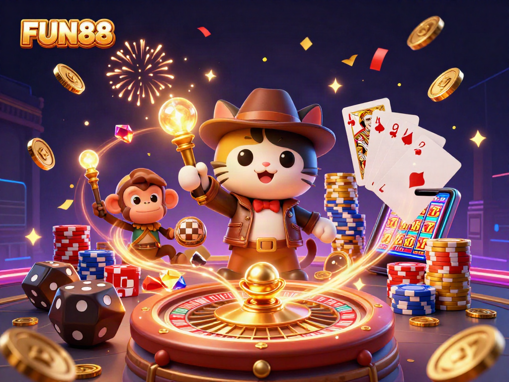 FUN88 captures the thrilling excitement of gaming with an explorer cat and a monkey companion discovering treasures.