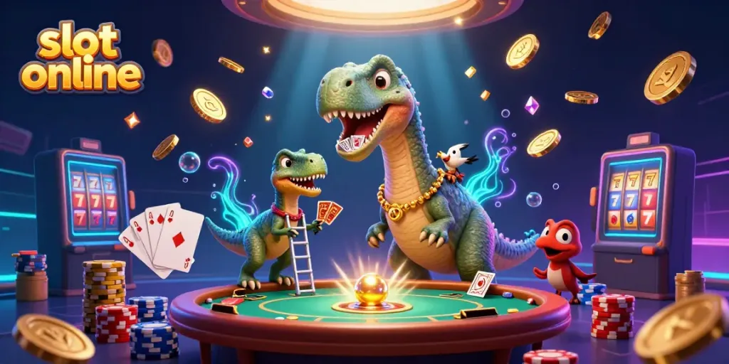 Engage with thrilling slot online games as a brontosaurus observes a poker table surrounded by sparkling gems and coins.