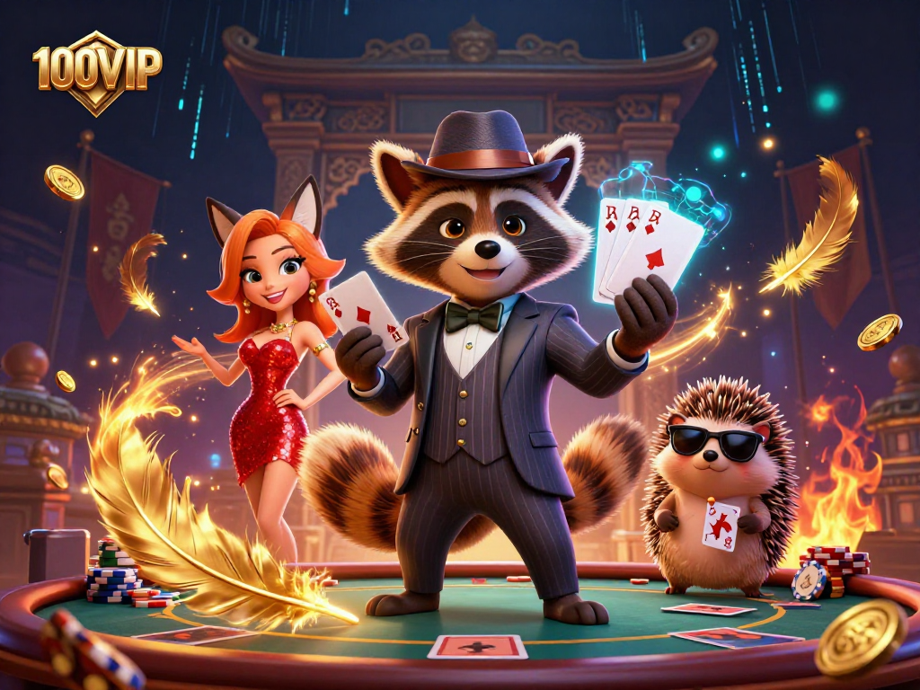 A suave raccoon with a royal flush at a poker table, showcasing 100VIP's vibrant casino atmosphere.
