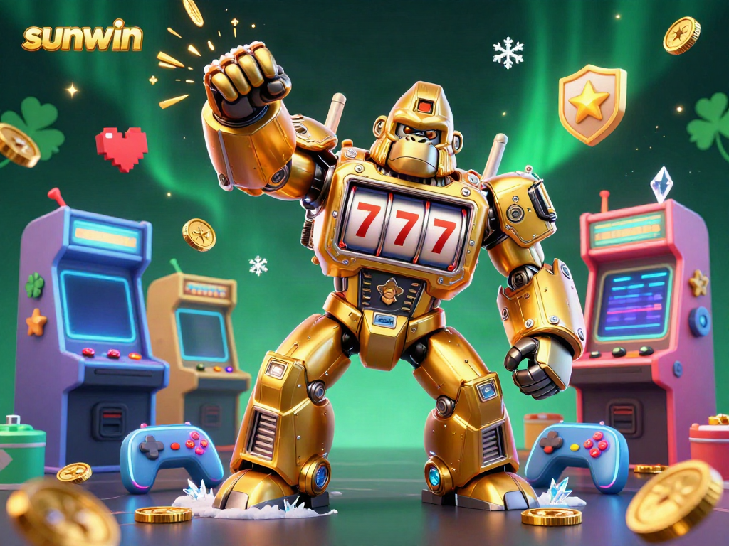 Experience the excitement of sunwin with a transformer-style mech made of slot machine parts in an ultra-detailed casino scene.