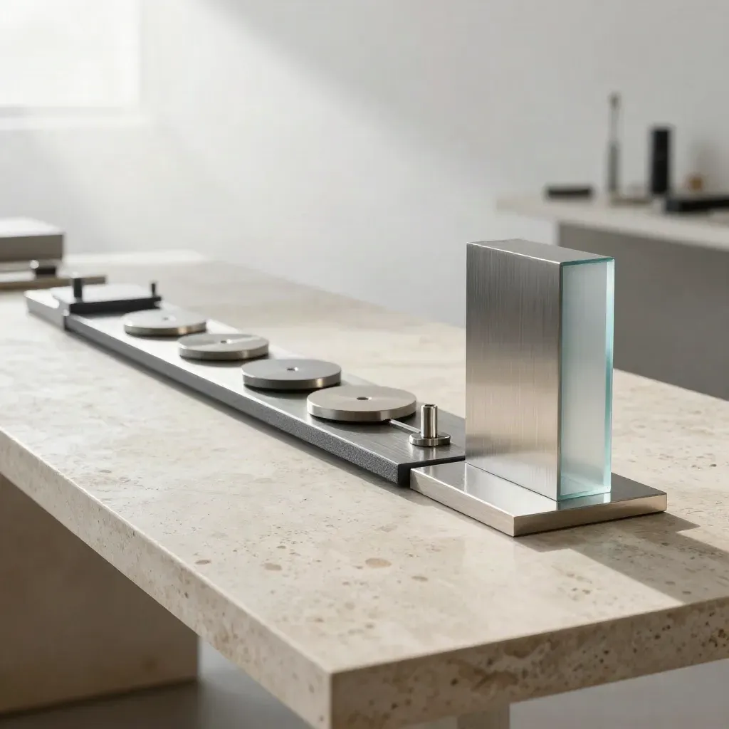 Brushed-aluminium AI workshop toolkit on pale stone in soft dawn light